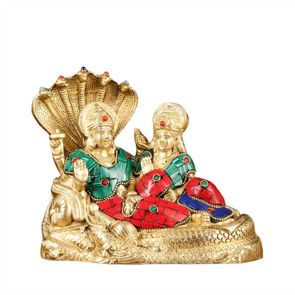 Brassaura™ Vishnu & Lakshmi Brass Idol on Sheshnaag – 2kg, 6.5-Inch – Gold-Finish Vaastu-Compliant Idol for Home & Office Blessings