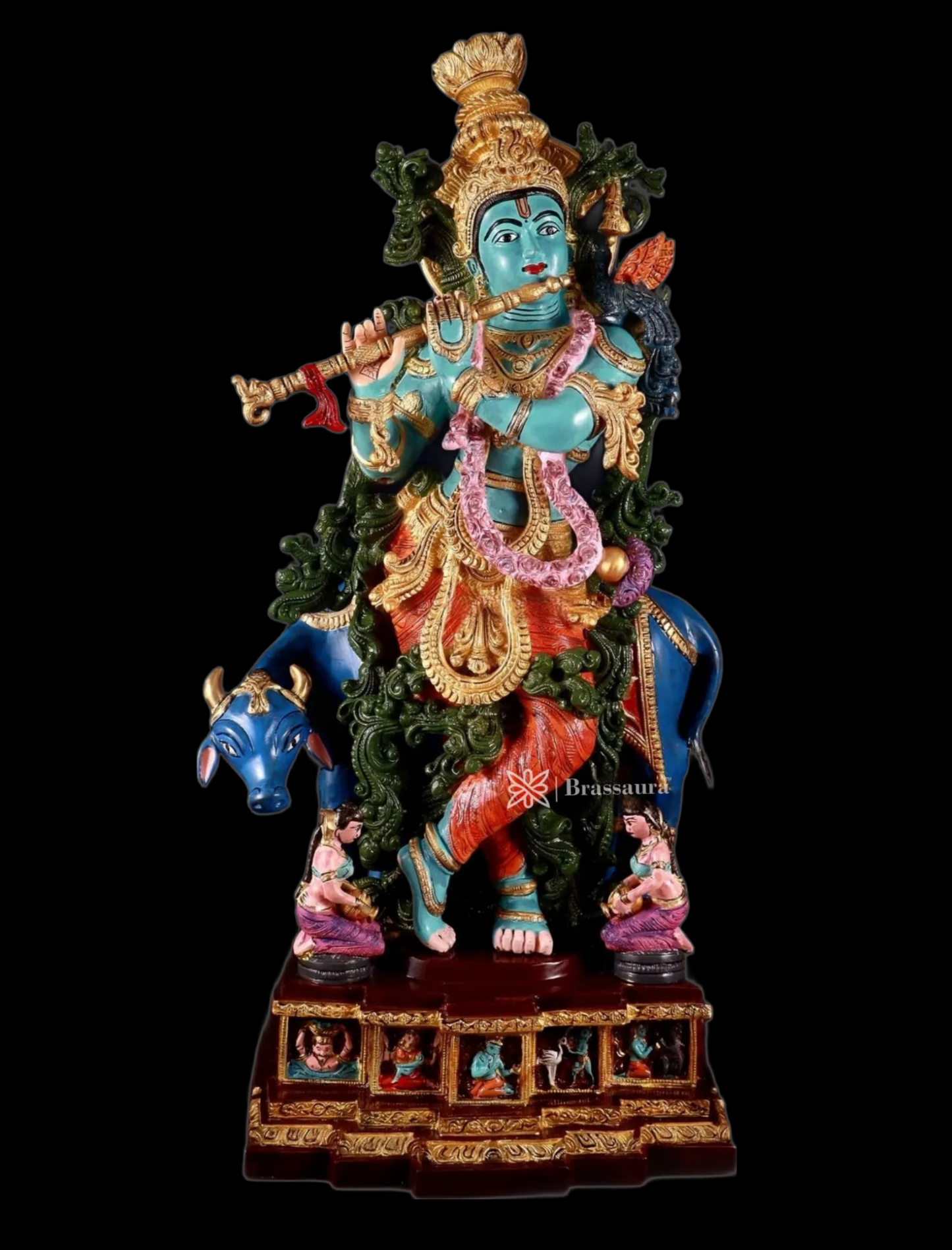 Brassaura™ Pure Brass Hand-Painted Lord Krishna with Cow Statue – Height 29 Inches & Weight 35 Kgs