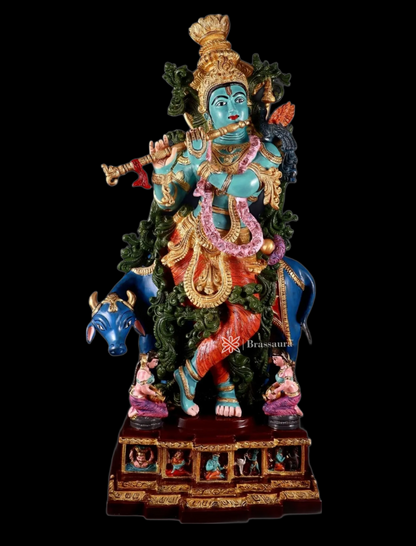 Brassaura™ Pure Brass Hand-Painted Lord Krishna with Cow Statue – Height 29 Inches & Weight 35 Kgs