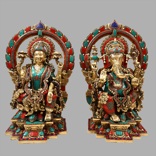 Brassaura™ Lakshmi & Ganesha Idol Set with Inlay Stonework | Height 22 Inches & Weight 44 kgs