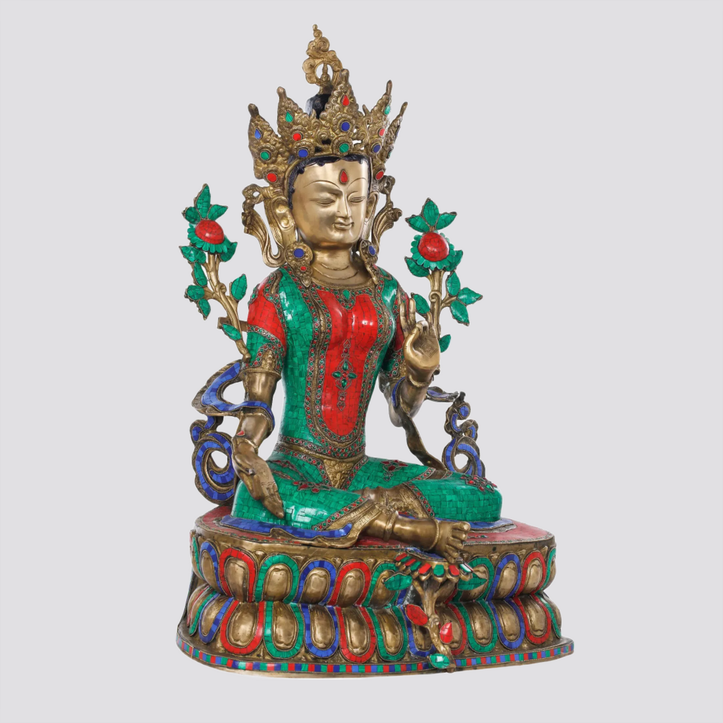 ब्रेसौरा® ग्रीन तारा ब्रास स्टैच्यू विद स्टोन इनले वर्क | 33.7 इंच ऊंचाई | घर और मंदिर की सजावट के लिए तिब्बती बौद्ध देवी प्रतिमा