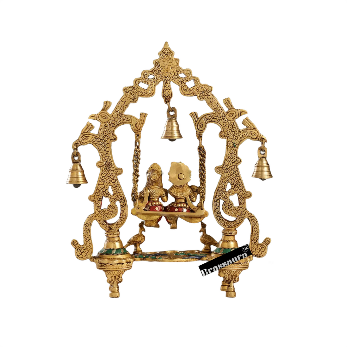 Brassaura™ Brass Radha Krishna on Swing with Diyas, Peacocks & Bells – Height 13.5 Inches & Weight 2.4 Kgs | Elegant Devotional Idol