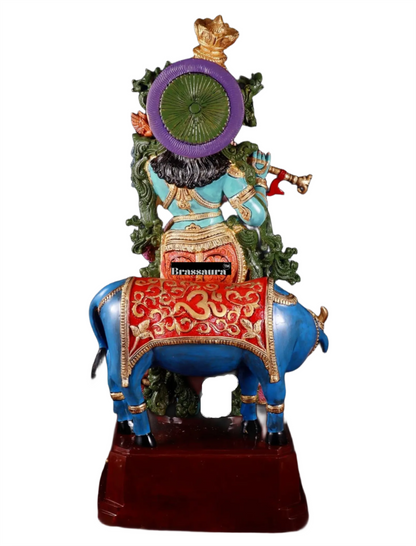 Brassaura™ Pure Brass Hand-Painted Lord Krishna with Cow Statue – Height 29 Inches & Weight 35 Kgs