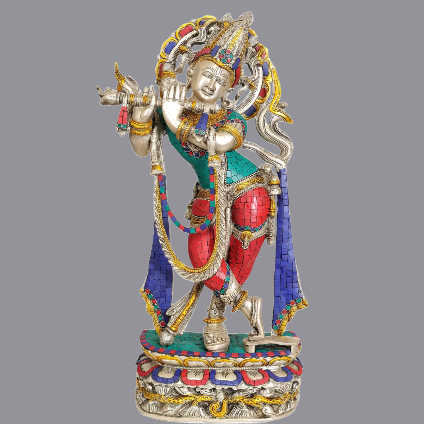 Brassaura® Brass Krishna Statue with Inlay Work | Height 22.44 Inches & Weight 11.80 kg