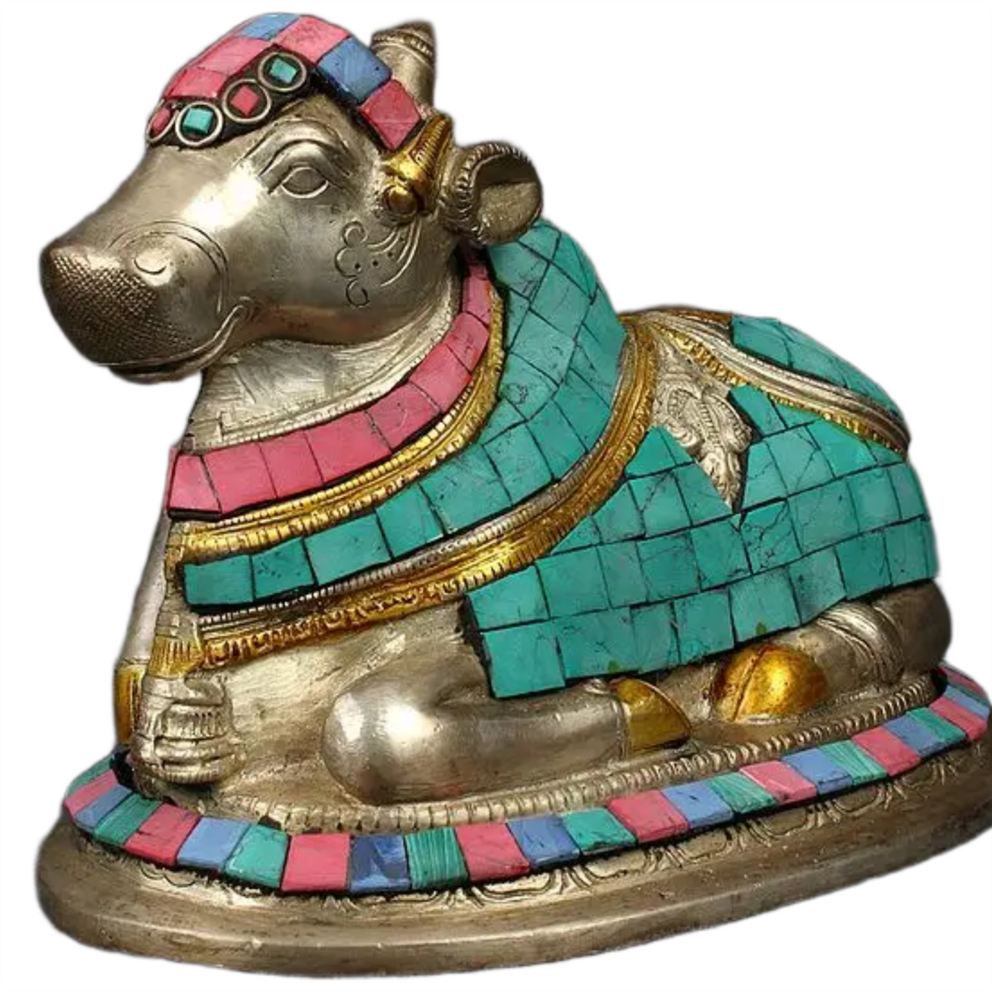 Brassaura™ Brass Nandi Statue with Inlay Work | Height 6 Inches & Weight 2.05 kg