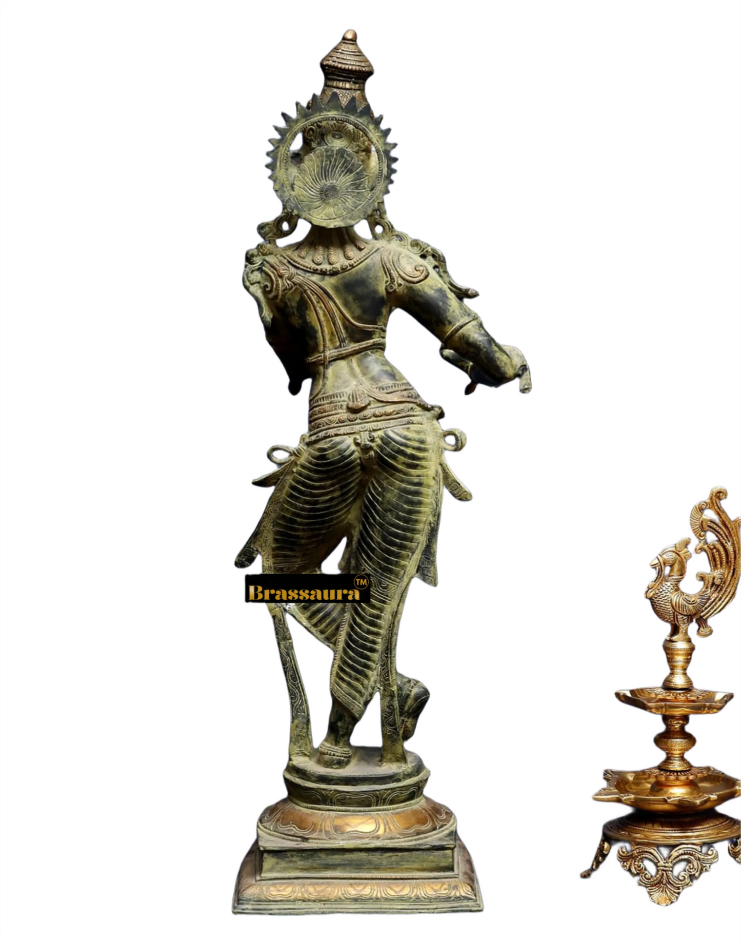 BrassAura™ Brass Krishna Statue – Green Algae Finish | Height 35 Inch | Weight 19 Kg