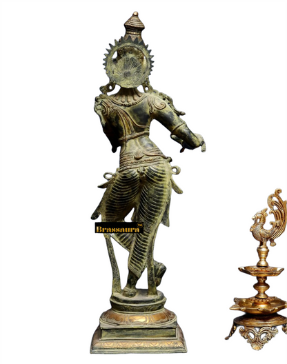 BrassAura™ Brass Krishna Statue – Green Algae Finish | Height 35 Inch | Weight 19 Kg