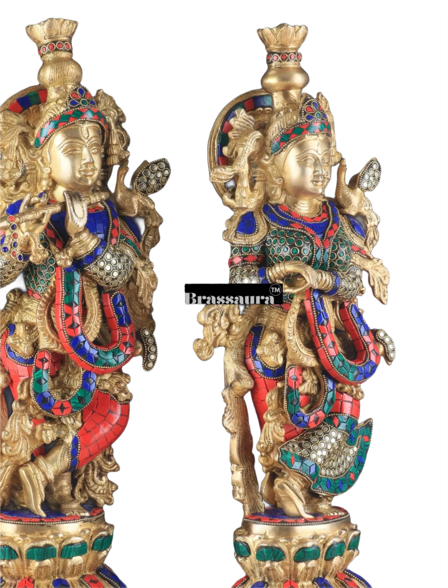 Brassaura™ Pure Brass Radha Krishna Statue with Rings & Natural Stones – Height 21 Inches & Weight 18 Kgs | Devotional Idol