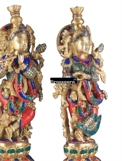 Brassaura™ Pure Brass Radha Krishna Statue with Rings & Natural Stones – Height 21 Inches & Weight 18 Kgs | Devotional Idol