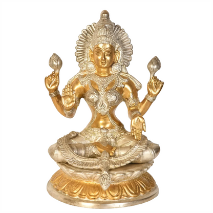 ब्रासौड़ा® चार-भुजाओं वाली अभय मुद्रा में देवी लक्ष्मी | पीतल की मूर्ति | ऊंचाई 9.6 इंच और वज़न 3.10 किलोग्राम