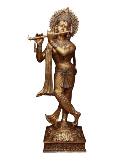 Brassaura™ Life-Size Lord Krishna Brass Statue – Height 79" | Weight 148 Kgs