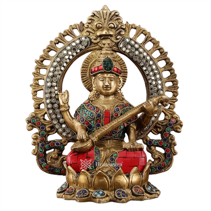 Brass Gem Stone Work Saraswati for Home and Decor Height 9.5 Inches & Weight 3.4 Kgs