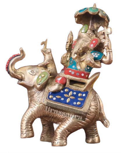 Handcrafted Brass Ganesha on Ambari with Meenakari Stonework – Height 9.5 Inches, Weight 3 Kgs