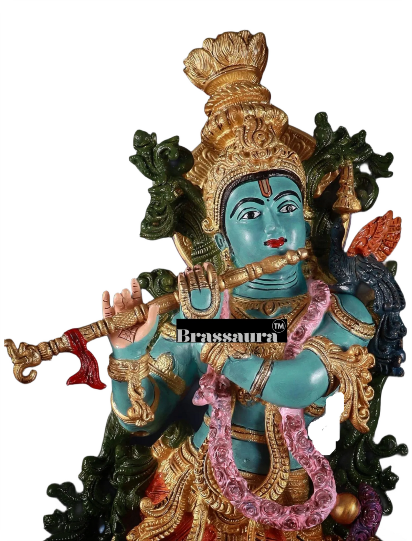 Brassaura™ Pure Brass Hand-Painted Lord Krishna with Cow Statue – Height 29 Inches & Weight 35 Kgs