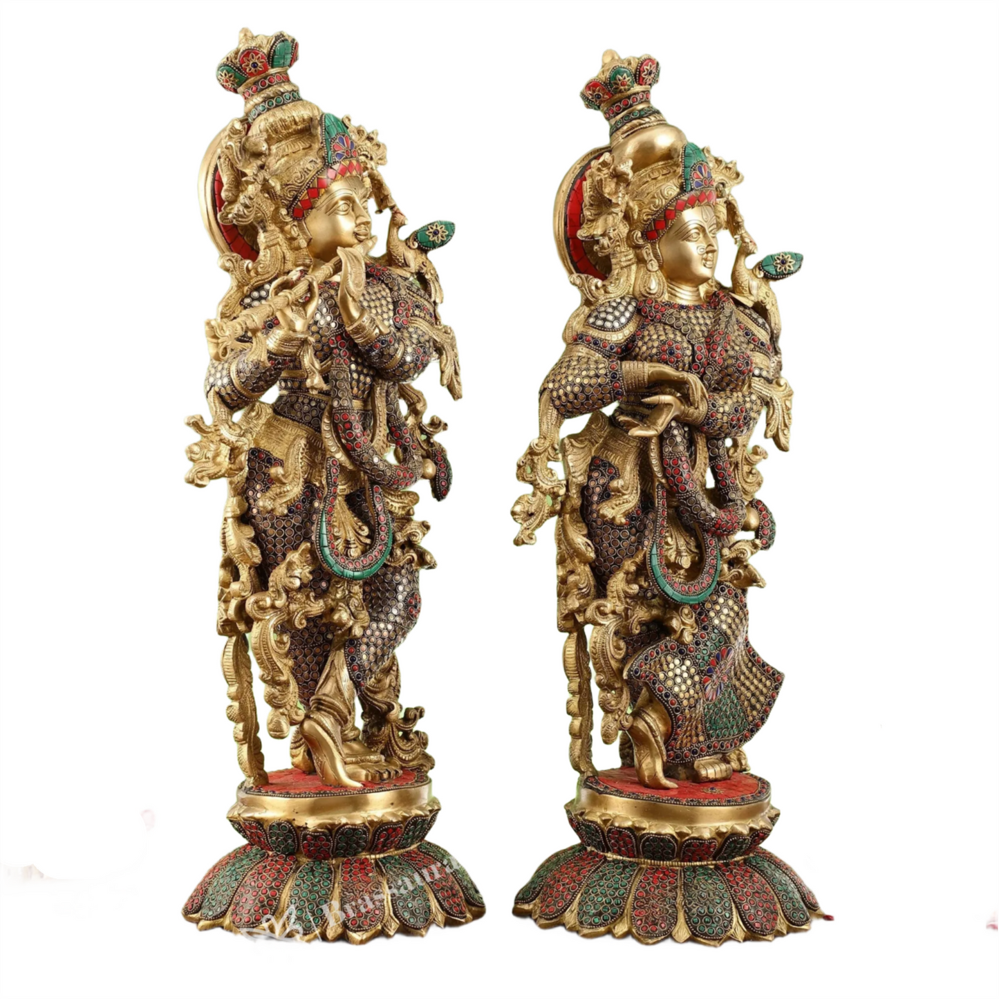 Brassaura™ Handcrafted Radha Krishna Brass Idols – 26 Inch Height, 40 Kg | South Indian Style with Lotus Base