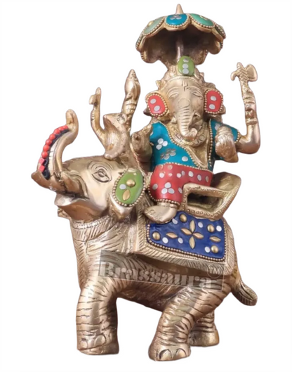 Handcrafted Brass Ganesha on Ambari with Meenakari Stonework – Height 9.5 Inches, Weight 3 Kgs
