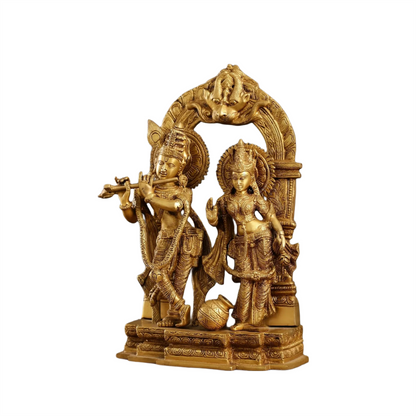 Brassaura™ Handcrafted Radha Krishna Brass Idol with Yali Prabhavali – 14 Inch Height, 7.5 Kg | Divine Flute & Butter Pot Detail