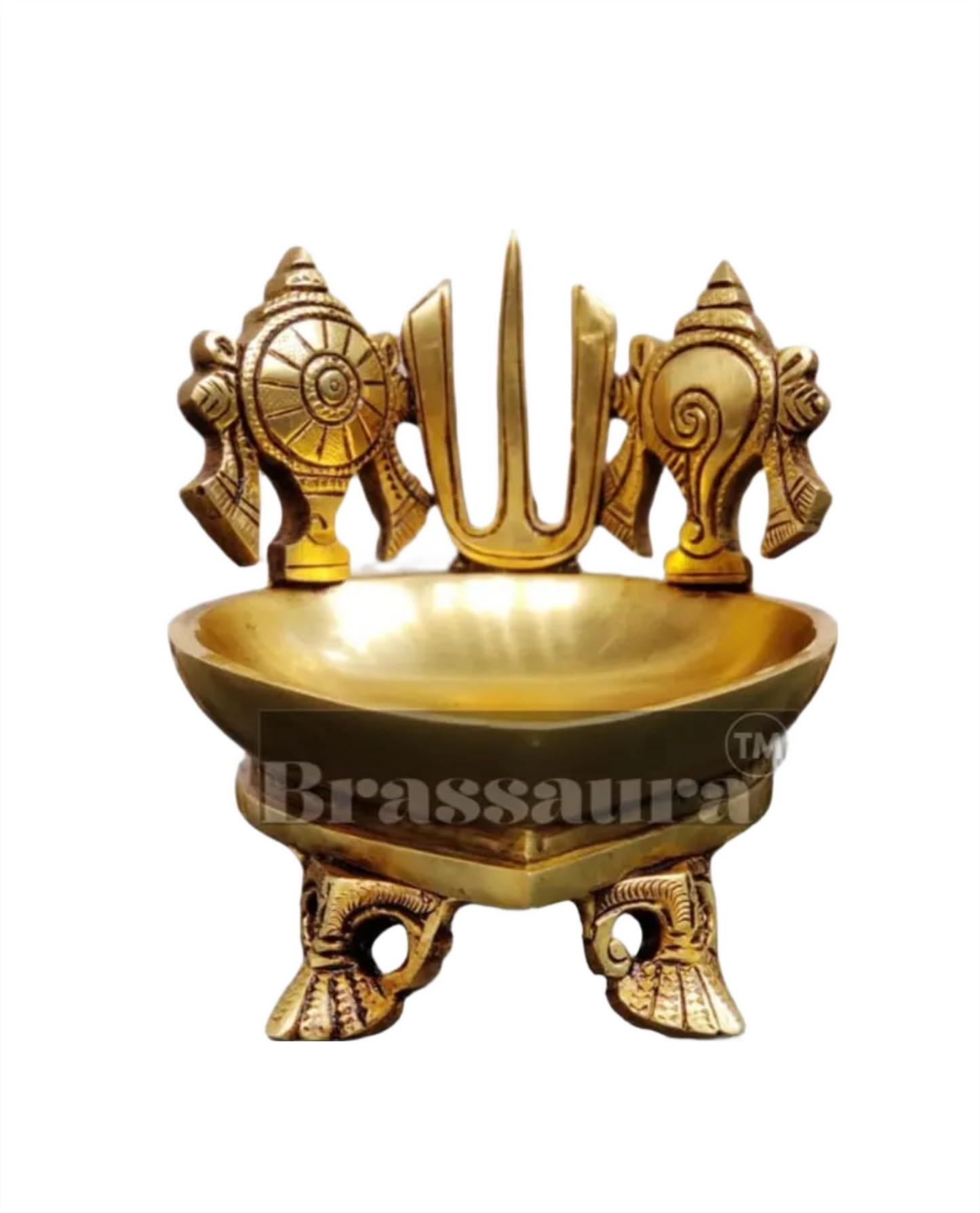 Brassaura™ Handcrafted Brass Shanku Chakra Namah Diya – Height 5 Inches | Traditional Oil Lamp, 1.5 Kgs