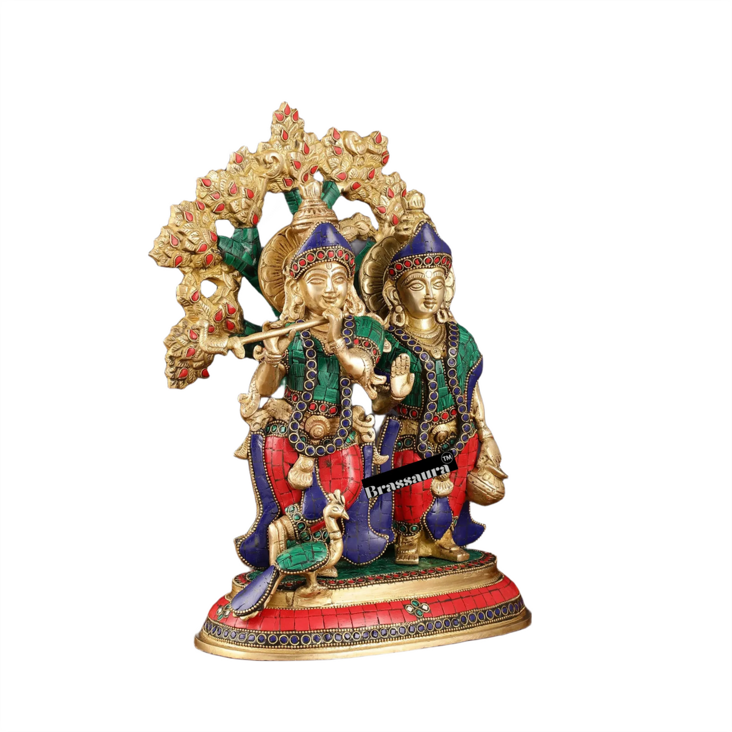 Brassaura™ Pure Superfine Brass Radha Krishna Idol Pair with Kalpavriksha & Peacock – Height 14 Inches & Weight 8.5 Kgs | Elegant Devotional Statue