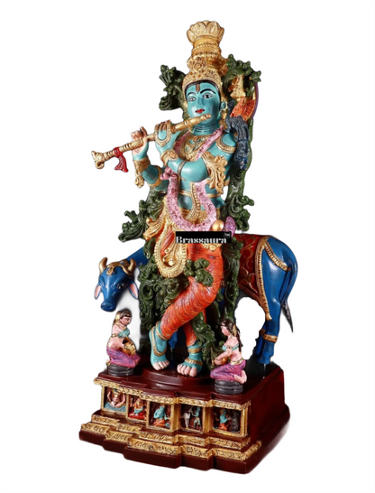 Brassaura™ Pure Brass Hand-Painted Lord Krishna with Cow Statue – Height 29 Inches & Weight 35 Kgs