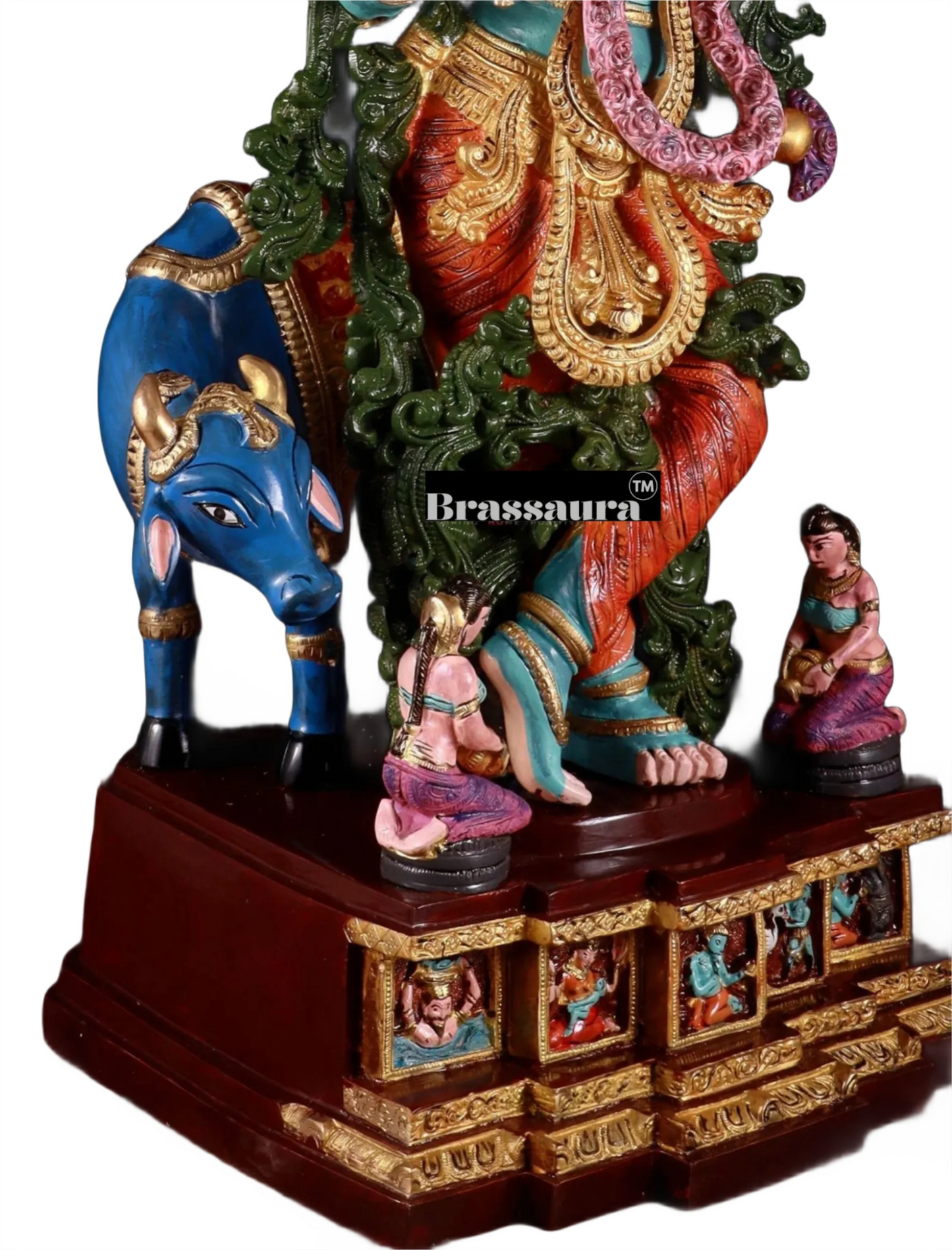 Brassaura™ Pure Brass Hand-Painted Lord Krishna with Cow Statue – Height 29 Inches & Weight 35 Kgs