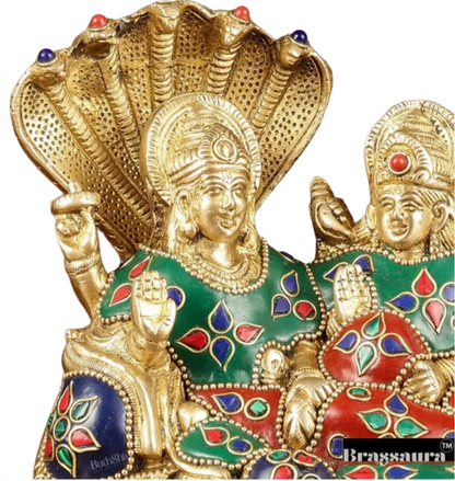 Brassaura™ Vishnu & Lakshmi Brass Idol on Sheshnaag – 2kg, 6.5-Inch – Gold Finish Vaastu-Compliant Idol for Home & Office