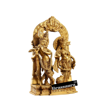 Brassaura™ Handcrafted Radha Krishna Brass Idol with Yali Prabhavali – 14 Inch Height, 7.5 Kg | Divine Flute & Butter Pot Detail