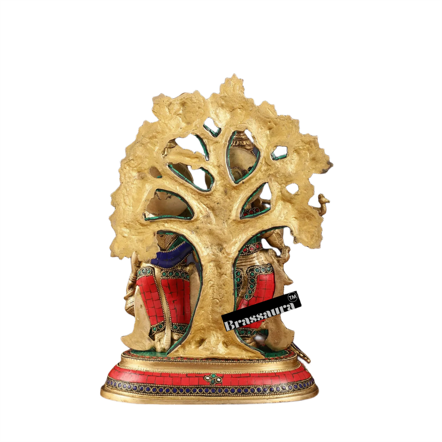 Brassaura™ Pure Superfine Brass Radha Krishna Idol Pair with Kalpavriksha & Peacock – Height 14 Inches & Weight 8.5 Kgs | Elegant Devotional Statue