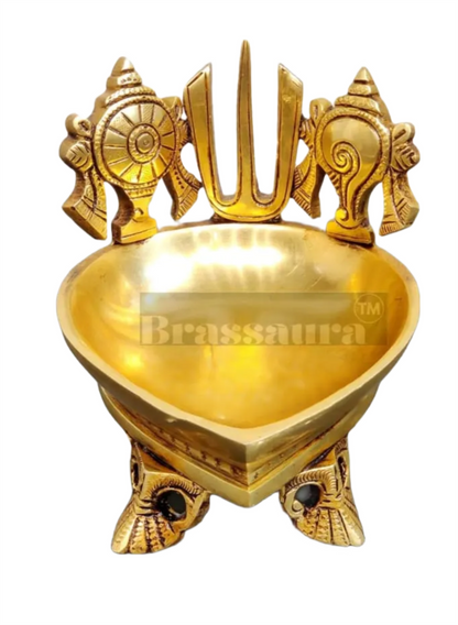 Brassaura™ Handcrafted Brass Shanku Chakra Namah Diya – Height 5 Inches | Traditional Oil Lamp, 1.5 Kgs