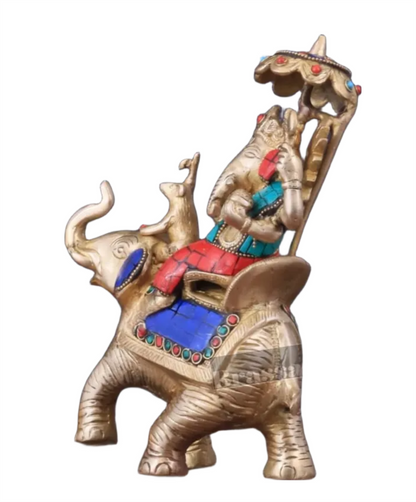 Handcrafted Brass Ganesha on Ambari with Meenakari Stonework – Height 9.5 Inches, Weight 3 Kgs