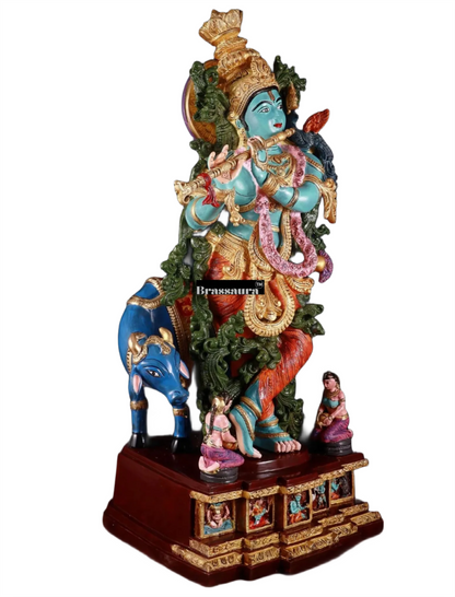 Brassaura™ Pure Brass Hand-Painted Lord Krishna with Cow Statue – Height 29 Inches & Weight 35 Kgs