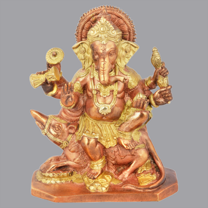 Brassaura® Six-Armed Ganesha Idol Seated on Mushak Raj Base in Brass | Height 8 Inches | Weight 2.60 kgs