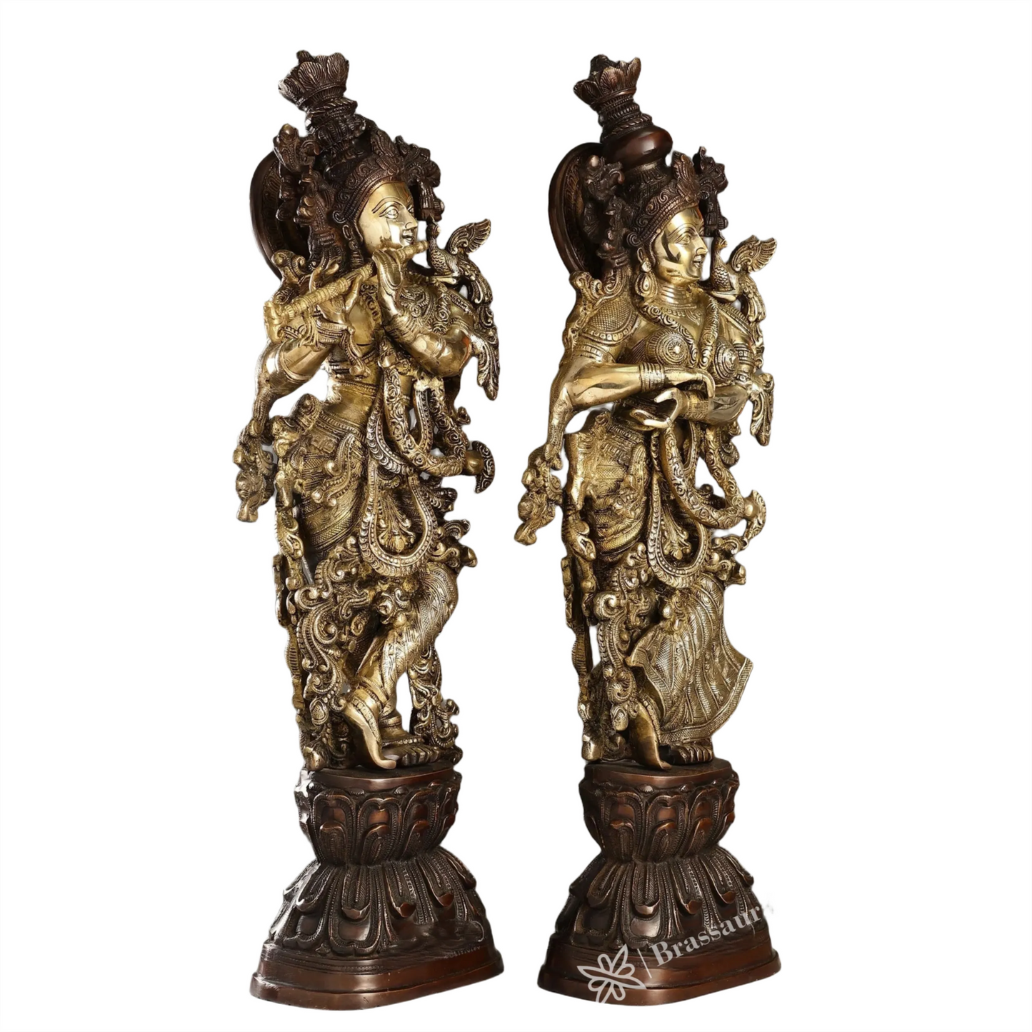 Brassaura™ Antique Brass Handcrafted Radha Krishna Statue – 30 Inch Height, 33 Kg | Intricate Detailing & Vintage Finish