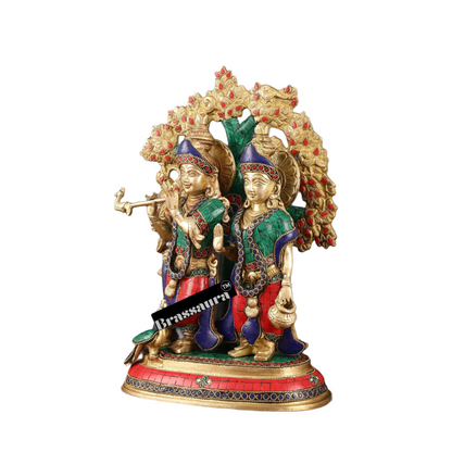 Brassaura™ Pure Superfine Brass Radha Krishna Idol Pair with Kalpavriksha & Peacock – Height 14 Inches & Weight 8.5 Kgs | Elegant Devotional Statue