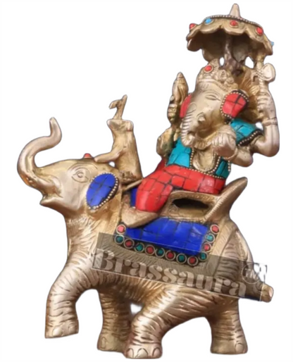 Handcrafted Brass Ganesha on Ambari with Meenakari Stonework – Height 9.5 Inches, Weight 3 Kgs