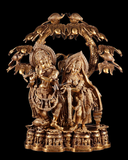 Brassaura™ Majestic Brass Radha Krishna Sculpture – Height 30 Inches & Weight 52.5 Kgs | Vintage Temple-Style Devotional Statue