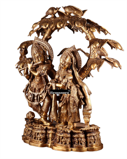 Brassaura™ Majestic Brass Radha Krishna Sculpture – Height 30 Inches & Weight 52.5 Kgs | Vintage Temple-Style Devotional Statue