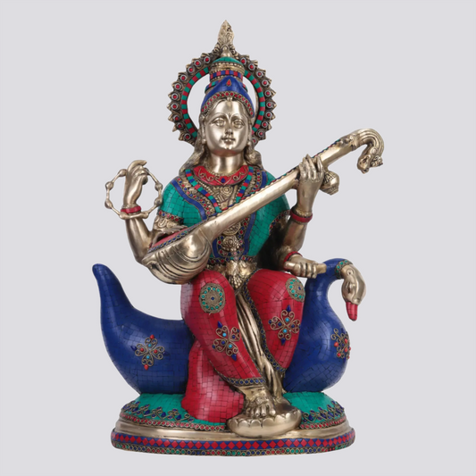 Brassaura® Brass Saraswati on Swan with Meenakari Inlay Work | Height 28.7 Inches & Weight 29.50 kgs