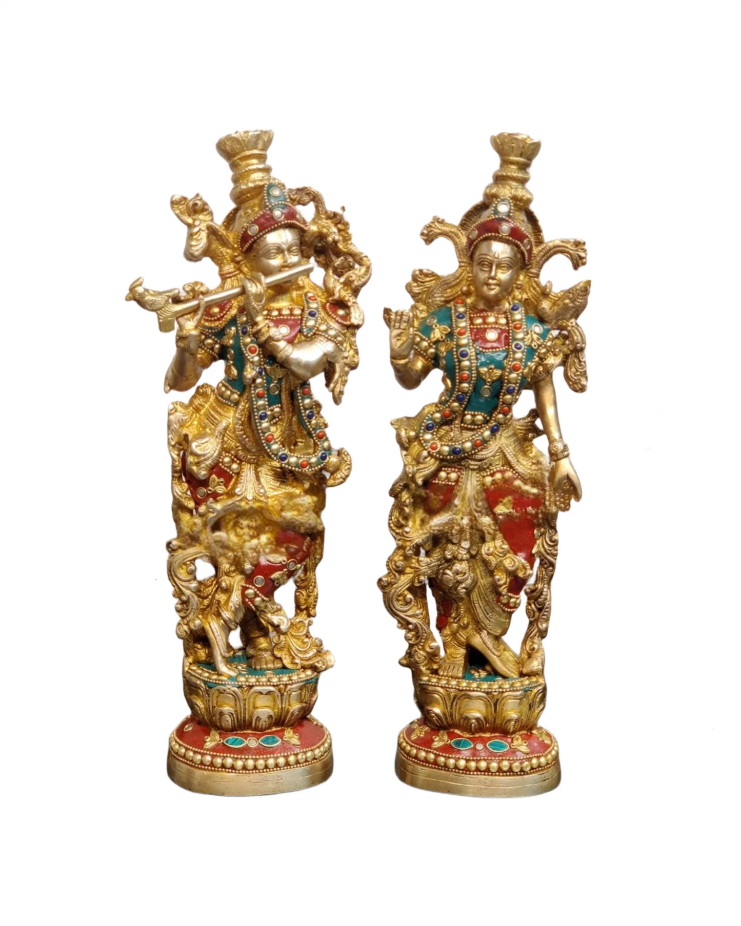 Brassaura™ Finely Carved Radha Krishna Statues – 14 Inch Height, 8.5 Kg Pair | Natural Stone & Pure Brass Ring Detailing