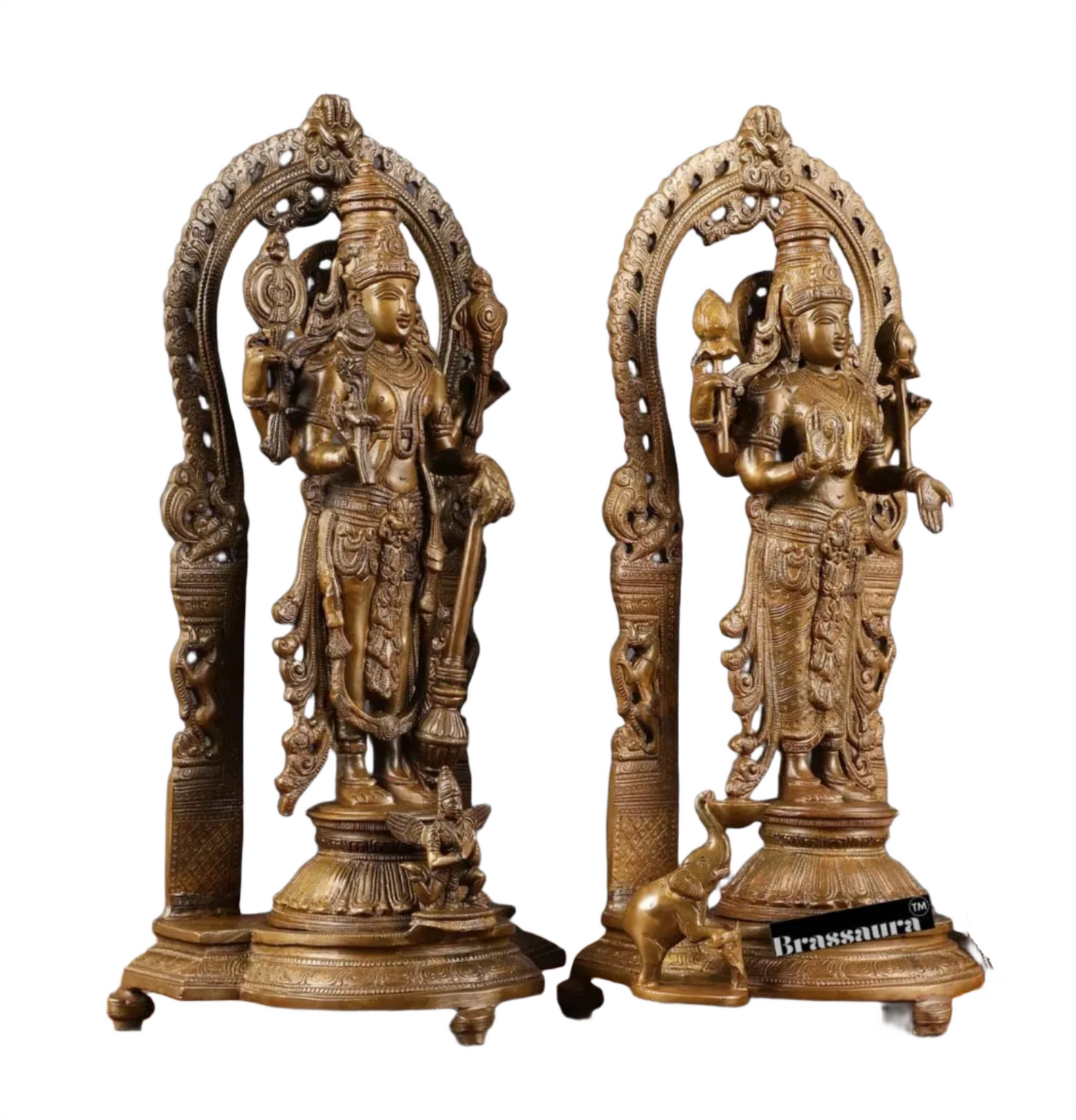 Brassaura™ 16-Inch Vishnu & Lakshmi Brass Statues Pair – 12kg – Antique Chola Style Idols for Auspicious Home & Temple Decor