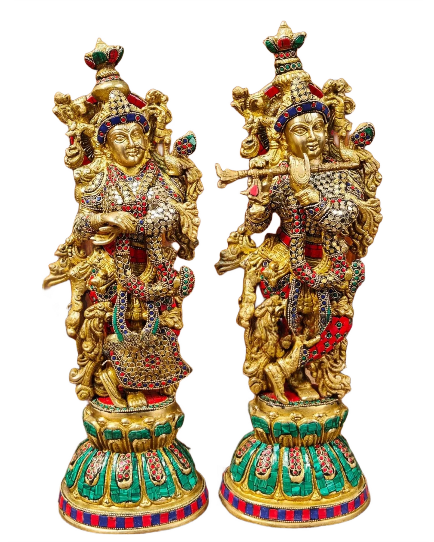 Brassaura™ Handcrafted Radha Krishna Statues – 21 Inch Height, 19 Kg Pair | Brass & Natural Stone Embellished