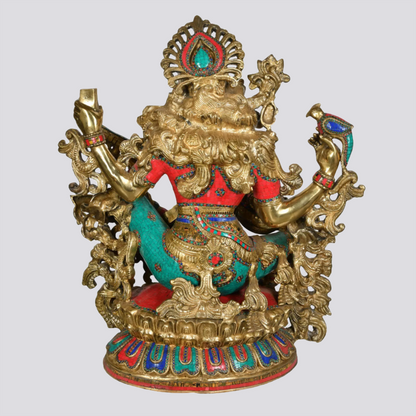 ब्रसाउरा® दिव्य सरस्वती अलंकृत सिंहासन पर, प्रभावलि और छत्र सहित | जड़ाई के काम के साथ जटिल पीतल | ऊंचाई 37 इंच और वजन 105.40 किलोग्राम