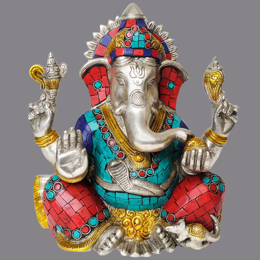 Brassaura™ Seated Ganesha with Inlay Work | Height 8 Inches | Weight 4.16 kgs