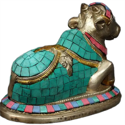 Brassaura™ Brass Nandi Statue with Inlay Work | Height 6 Inches & Weight 2.05 kg