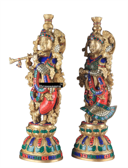 Brassaura™ Pure Brass Radha Krishna Statue with Rings & Natural Stones – Height 21 Inches & Weight 18 Kgs | Devotional Idol