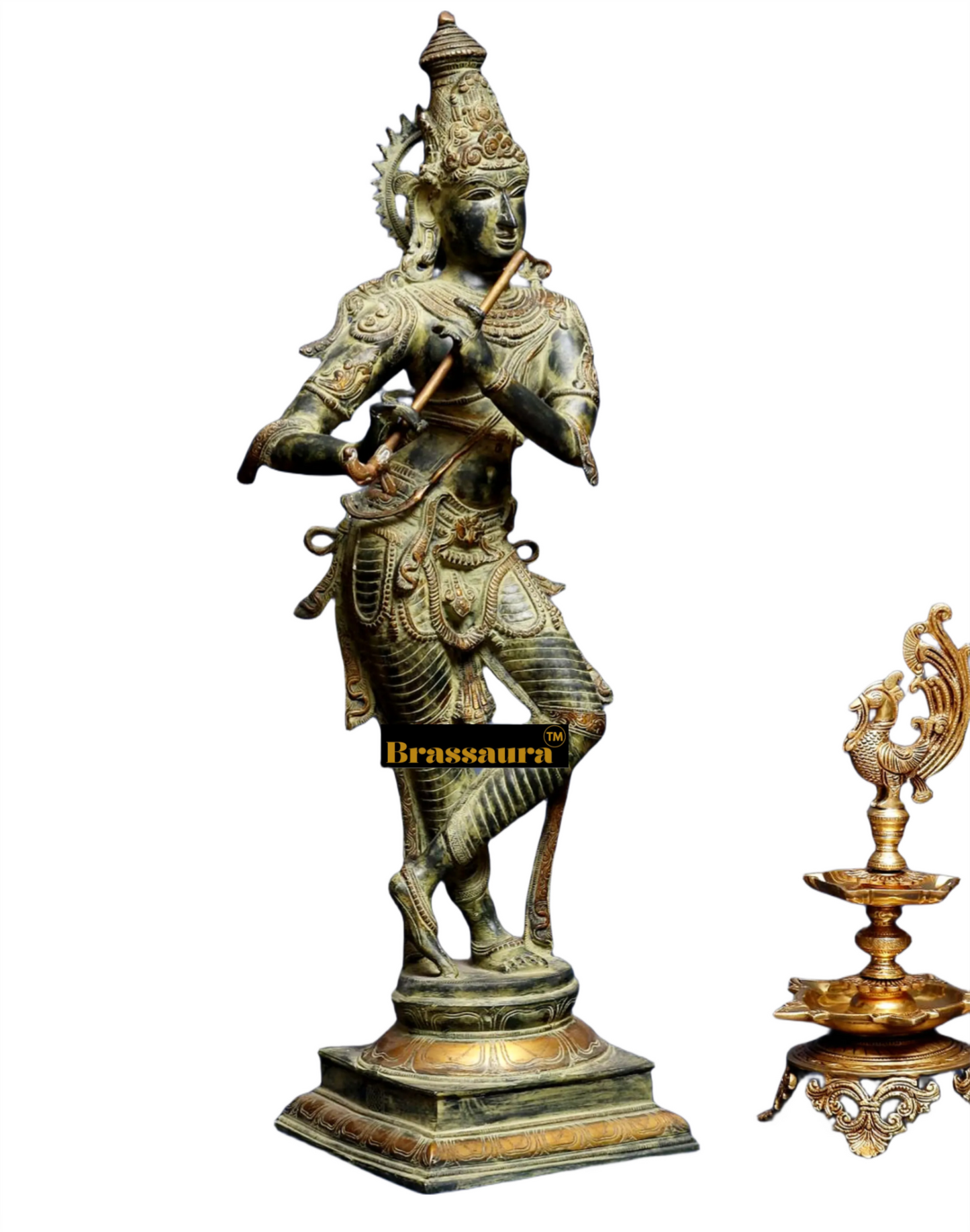 BrassAura™ Brass Krishna Statue – Green Algae Finish | Height 35 Inch | Weight 19 Kg