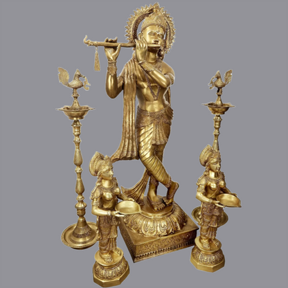 Brassaura® Brass Fluting Krishna with Pair of Deepalakshmi and Mayur Lamp Statue | Height 79 Inches & Weight 235 kg
