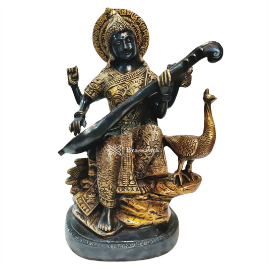 Brassaura™ Artistic Brass Saraswati Idol – Height 15 Inches & Weight 10 Kgs | Puja & Temple Décor