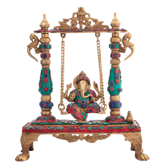 Brassaura® Lord Ganesha on Ornate Swing | Brass with Intricate Inlay Stonework | Height 13 Inches & Weight 4.50 kgs