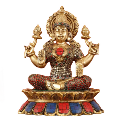 Brass Gem Stone Work Laxmi Mata for Home and Decor Height 11 Inches & Weight 7 Kgs